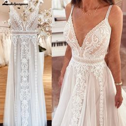 Plunging V Bohemian Wedding Dress 2023 Vestido Noiva Summer A Line Boho Neck Lace Open Back Sleevele 240329