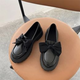 Loafers Women Flat Shoes Bow Leather Shoes Ladies 2022 New Autumn Thick Heel Loafers Woman Fashion Comfortable Work Shoes Zapatos