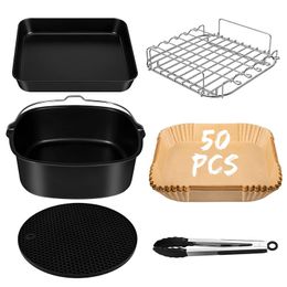 6pcs 9pcs AirFryer Accessories Set 8inch Fit for 5.5L Airfryer Baking Basket Pizza Plate Grill Pot Kitchen Cook Tool For Home