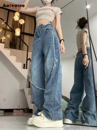 Women's Jeans Aotvotee Asymmetrical Blue For Women 2024 Streetwear Loose Straight High Waisted Vintage Burr Wide Leg