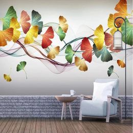 Wallpapers Molofi Custom Small Fresh Plant Ginkgo Leaves Abstract Smoke Lines Background Wallpaper Mural