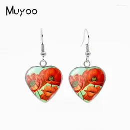 Dangle Earrings Arrival Painting Red Poppies Flowers Fields Fish Hook Earring Handmade Glass Cabochon Heart