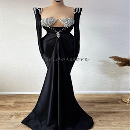 Unique Black Mermaid Evening Dress Square Neckline Long Sleeve Prom Dresses Crystal Beaded Formal Dress 2024 Custom Birthday Party Dress Reception Pageant Dress