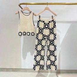 Women's Pants Women Crochet Knitted Suit 2024 Summer Pastoral Style O-neck Sleeveless Tops Or High Waist Long