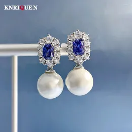 Dangle Earrings Vintage Noble 925 Real Silver 12mm Pearl Sapphire Drop For Women Lab Diamond Gemstone Wedding Fine Jewelry Gifst