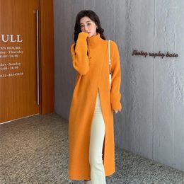 Casual Dresses Women Knitted Long Dress Side Split Sweater Solid Knit Polo Neck Winter Autumn Clothe Turtle Sleeve