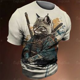 Men's Casual Shirts Japan Samurai Cat Graphic T Shirts Cool Classic Art Style Mens and Womens Printing Tees Fashion O-neck Short Sleeve Loose Tops 240402