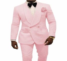 Groom Tuxedos Pink Mens Wedding Tuxedos Shawl Lapel Man Jacket Blazer Fashion Men PromDinner 2Piece SuitJacketPantsTie9145632