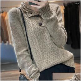 Womens Sweaters Three-Button Cashmere Sweater Loose Fit Twisted Floral Base Neck Long Sleeve Knitted In Solid Colour Drop Delivery Appa Dhkt6
