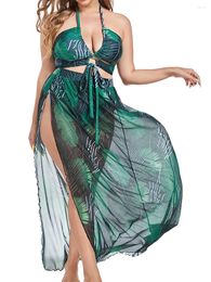 Women's Swimwear 3 Pieces Print Cross Bikini 2024 Women Halter Swimsuit & Cover Up Beach Skirt Bathers Swimming Wear Plus Size 4XL