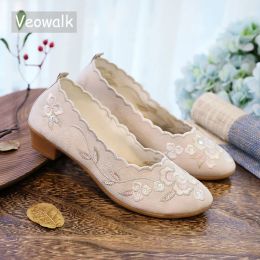 Pumps Veowalk Glitter Sequins Embroidery Women Jacquard Cotton 3cm Block Heel Shoes Pointy Toe Elegant Ladies Comfortable Casual Pumps