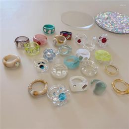 Cluster Rings 2024 Kpop Vintage Pearl Colorful Crystal Zircon Acrylic Resin Flower For Women Aesthetic Jewelry Fashion Accessories