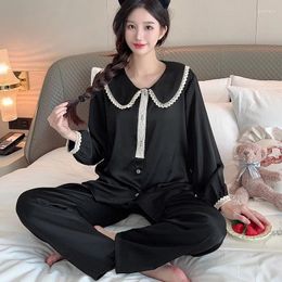 Home Clothing Black 2Pcs Sleep Set Lapel Pajamas Women Sleepwear Shirt Pants Pijamas Suit Spring Rayon Satin Long Sleeve Nightwear