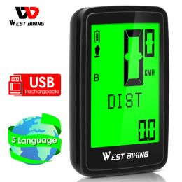 Accessories WEST BIKING USB Rechargeable Bicycle Computer 5 Languages Wireless Waterproof Backlight Bike Speedometer MTB Cycling Odometer