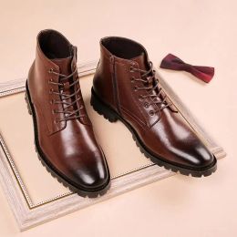 Boots Mens Leisure Black Brown Ankle Boots Breathable Laceup Original Leather Shoes Vintage Cowboy Boot Spring Autumn Short Botas Man
