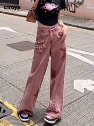 Women's Jeans Circyy Pink Baggy Women High Waisted 2024 Summer Patchwork Tassel Denim Pants Oversized Streetwear Wide Leg Trousers