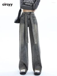 Women's Jeans Women High Waisted 2024 Autumn Lace Up Full Length Wide Leg Denim Pants Vintage Burr Streetwear Loose Trousers