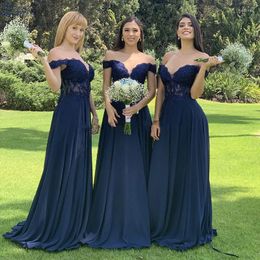 Party Dresses Chiffon Navy Blue Bridesmaid Off The Shoulder Appliques Beaded Long Wedding For Women