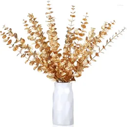 Decorative Flowers 5Pcs Golden Eucalyptus Stems Artificial Leaves Greenery Branches For Wedding Home Decoration DIY Flower Wall Wreath