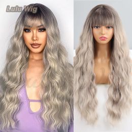 Wigs Wavy Long Ombre Grey Blonde Wigs for Women Ombre Blonde Wig with Bangs Women Blond Synthetic Curly Wig for Girl Cosplay Wigs