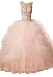 Coral Peach Sheer Crystal Beading Rhinestone Ruffled Tulle Ball Gown Sweet 16 Dresses Laceup Backless Ball Gown Quinceanera Dress4288653