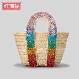 2024 New Vegetable Basket Handheld Bag with Countryside Style Handmade Diamond Weaving Bag, Beach Vacation Handheld Bag 240402