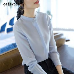 Elegant Simple Business Casual Office Lady Blue White Button Up Shirt Spring Summer Fashion Long Sleeve Blouses Tops Women 240322