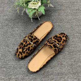 Slippers Womens Leopard Brown Vintage Slider Square Heel Wide Matching Shoes Flat Shoes 32-45 Sliders Free Shipping in American and European Styles J240402