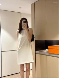 Casual Dresses Elegant Office Ladies 2024 Summer Clothes O Neck Sleeveless Solid Straight Dress Fashion Zipper Loose Mini