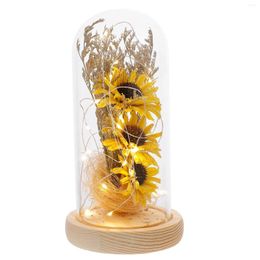 Decorative Flowers Sunflower LED Lamp Plant Light Mini Dome Decor Artificial Bouquet Dining Table Decoration Glass