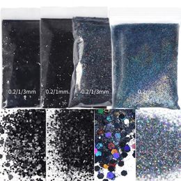 4Bag50g Pure Black y Nail Glitter Powder Holographic Sparkly Mixed Hexagon Sequins Decoration Nails Accessories Supplies 240328