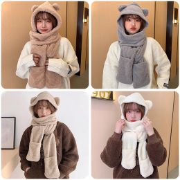 New Cute Bear Ear Hat Scarf Gloves Set Winter Women Beanies Caps Warm Casual Plush Hats Casual Solid Fleece Girl Kawaii Present