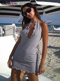 Casual Dresses Weird Puss Halter Shining Hollow Dress Woman Summer Backless Sexy Solid Trim Straps Party Vacation Tie Skinny Bodycon