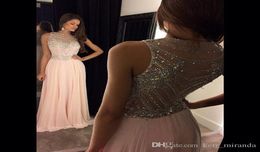 Sexy Back Pink Long Prom Dresses A Line Jewel Sweep Train Sequins Beaded Sheer Neck Chiffon Evening Gowns Plus Size Party Dresses5551172