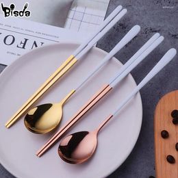Flatware Sets 2pcs Flat Chopsticks Spoon Set Eco-friendly Stainless Steel Sushi Long Handle Non-slip Chop Sticks Plating Kit Tools