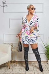 Casual Dresses VAZN 2024 Top Quality Retro Print Young Sexy Faicycore Deep V-Neck Full Flare Sleeve High Waist Women Short Pencil Dress