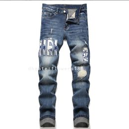 AM Men's Jeans Blue Hole Patch Embroidered Badge Pencil Pants Stretch Men's Mid-Rise Jeans Trendy Cut Out Jeans Women Cutout Jeans Damage Jeans