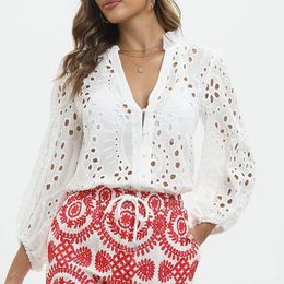 White Lace Shirt Eyelet Cutwork Ruffled Collar Vneck Hollow Out Embroidered Blouse Top Wear Spring Summer Womens Clothing 240322