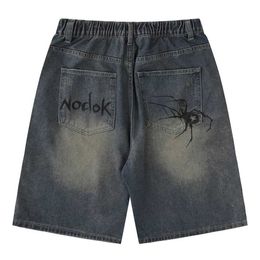 Maschile y2k blu denim ragno ragnatela stampata estate sciolte jeans casual shorts modhi