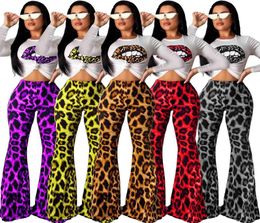 Women Tracksuits Leopard Lip Tshirt Flared Pant 2 Piece Sets Bell Bottoms Sportswear Crop Tops Sleeveless Short Sleeve Tee Outfit9920095