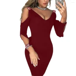 Casual Dresses 2024 Summer Elegant V-neck Long Sleeve Waist Tight Bodycon Dress Off Shoulder Rhinestone Decor Lady Mini Streetwear