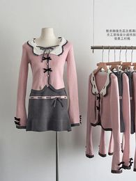 Work Dresses Japanese Fashion Sweet Outfits 2 Piece Set Women Chic Pink Cardigan Bow Elastic Waist A-Line Skirt Coquette 2000s Aesthetic