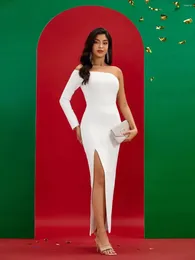 Casual Dresses Long Bandage Dress Women Party Bodycon Elegant White Side Split Sexy One Shoulder Birthday Evening Club Outfits 2024