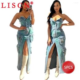Casual Dresses 5 Pcs Bulk Items Wholesale Lots Denim For Women Spring 2024 Sexy Strapless Blue Tube-top Split Maxi Dress Y2k K12672