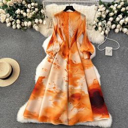 Casual Dresses Est Miyake Pleated Bud Holiday Maxi Dress Spring Women's O Neck Flower Print Lantern Sleeve Loose Oversize Swing Ball