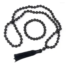 Necklace Earrings Set 8mm Black Lava Stone Bracelets Men Natural Mala Beaded Japamala Meditation Yoga Tassel For Women Jewellery