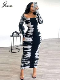 Casual Dresses Joskaa Aesthetic Print Birthday Dress Women Hipster Sexy O-Neck Long Sleeve Body-Shaping Maxi 2024 Spring Party Clubwear