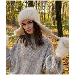 Women Winter Angora Earflaps Hat Warm Fluffy Rabbit Fur Knit Female Thick Fleece Lined Russian Trapper 10 Colors 240311