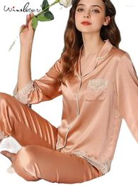 Home Clothing Women 2 Pcs Pajamas Sets Real Silk Flower Embroidery Kimono Long Pants Suits 2024 Spring Summer Pyjamas S37127QM