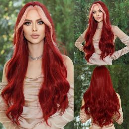 Wigs NAMM Long Wavy Middle Part Wine Red Wig for Women Daily Cosplay Party Synthetic Highlight Pink Hair Wigs Lolita Heat Resistant